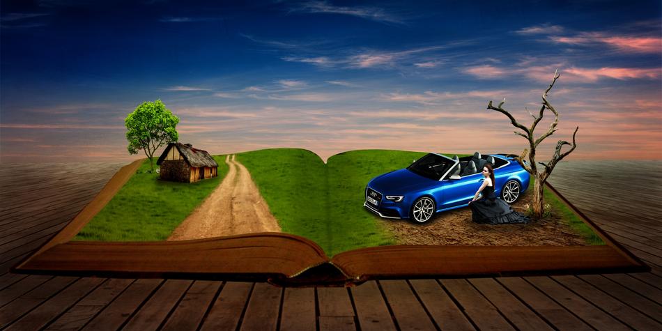 Storybook open car girl home