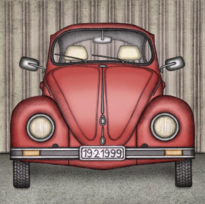 drawn red retro car on striped wall background