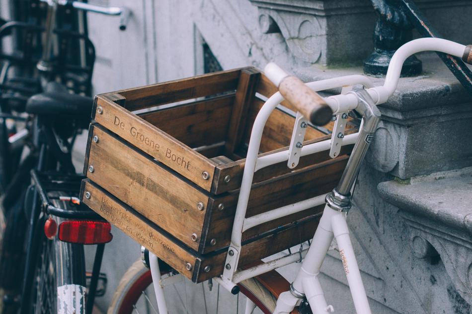 wooden box on a white bike