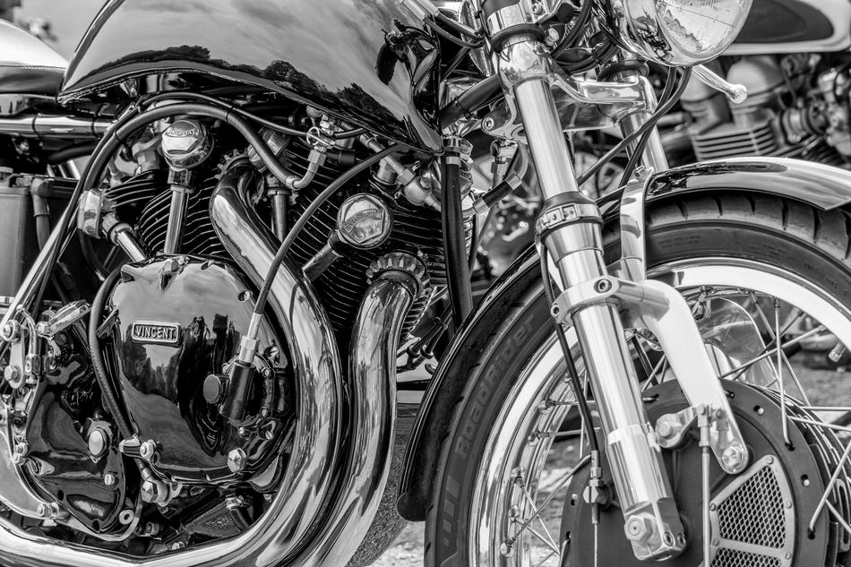 Vincent Motorcycle in black and white background close up