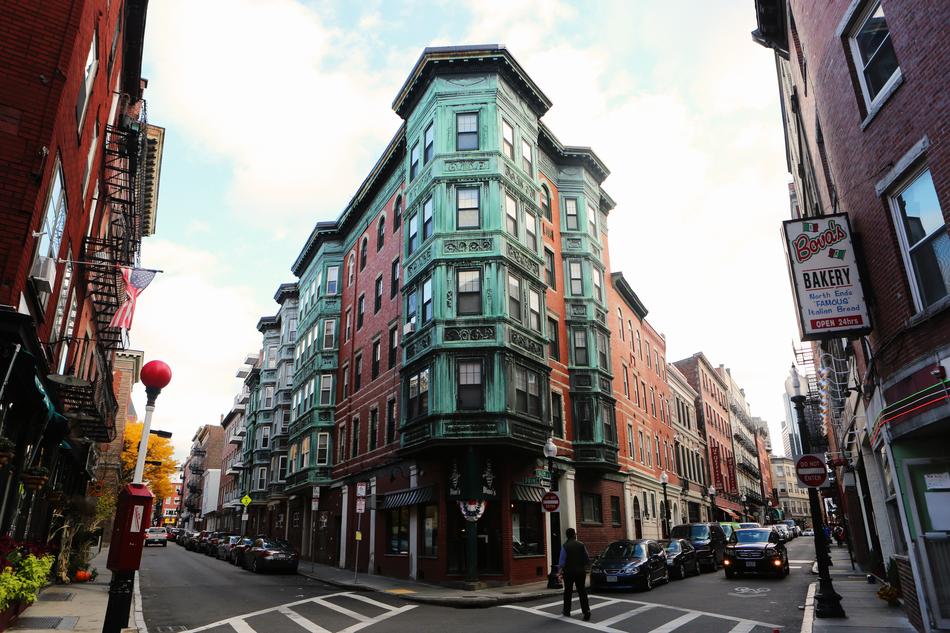 pedestrian crossing at corner of a building, uk, England, Boston