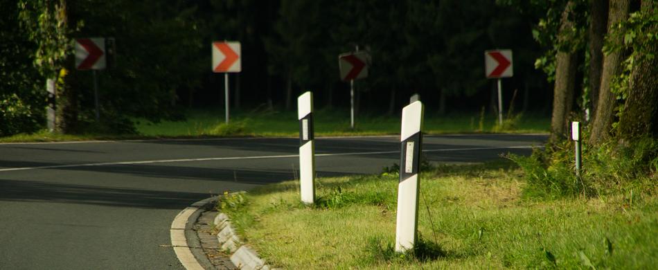 Road with road direction arrows among the colorful plants in Gernany
