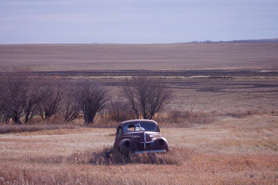 Landscape of old Car on meadow