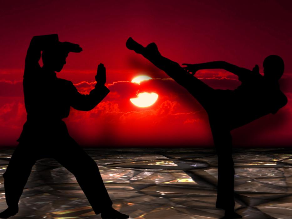 Silhouettes of two person doing Muay Thaii at red sunset background