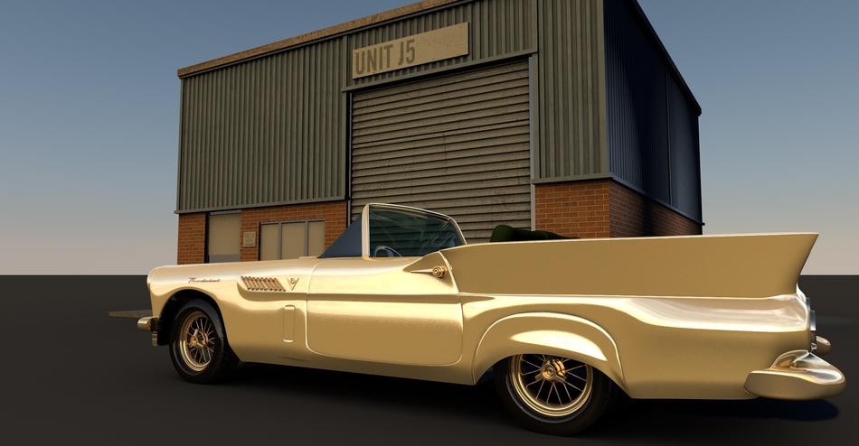 computer generated image of a golden Ford Thunderbird at the garage