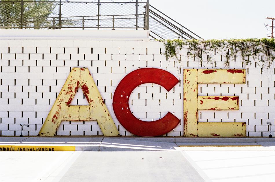 Yellow and red 'ACE' sign on the concrete wall, with the vines, outdoors