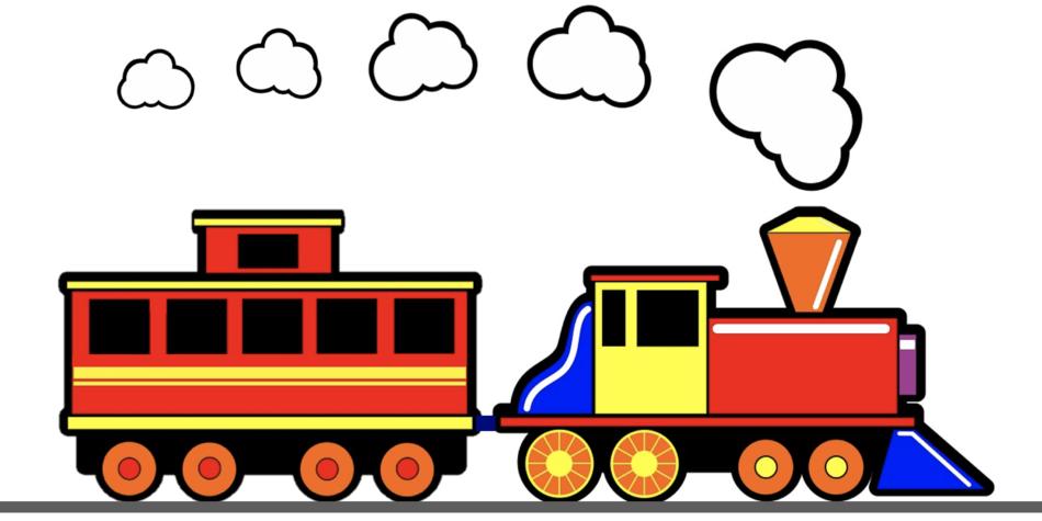multicolored cartoon steam locomotive on white background