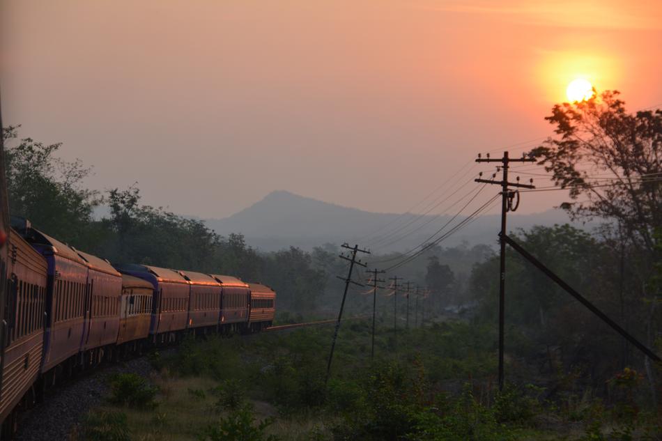 train on the railroad at dusk