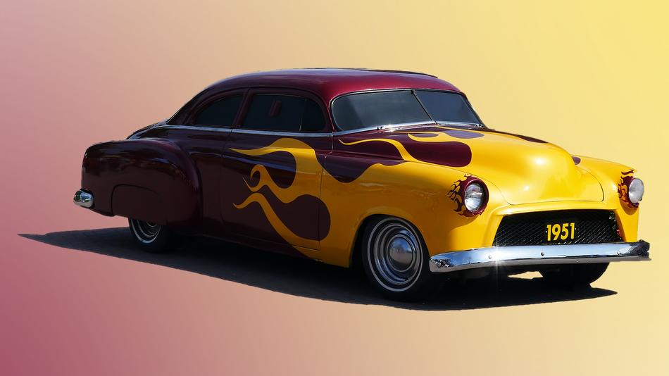 old car with fire pattern