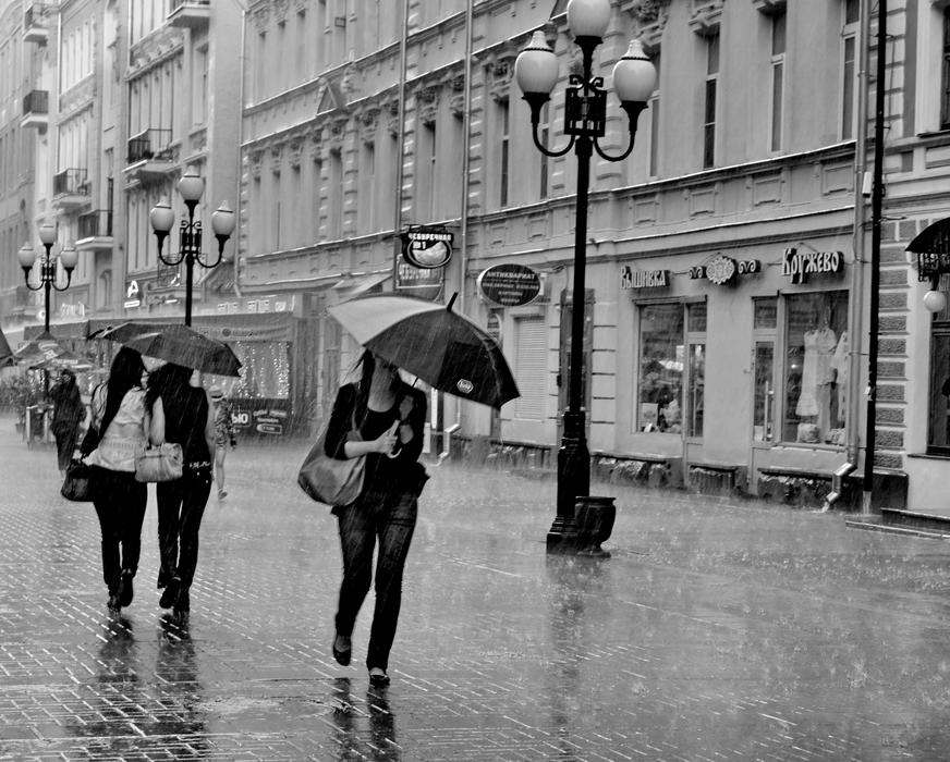 Moscow Arbat Street Rain people black and white