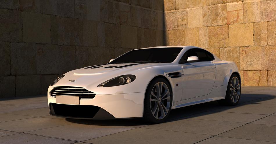 Beautiful, shiny, white Aston Martin car, near the wall