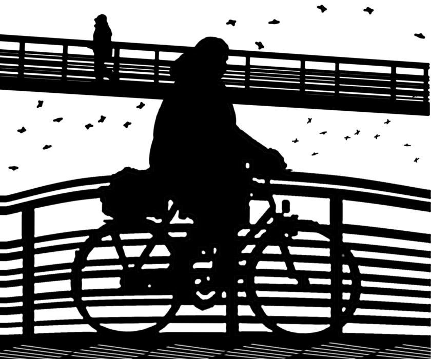 people on bridges, silhouettes, drawing