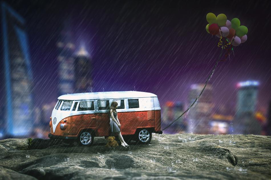 Fantasy, Wallpaper, girl leaning on vintage camper at rainy night
