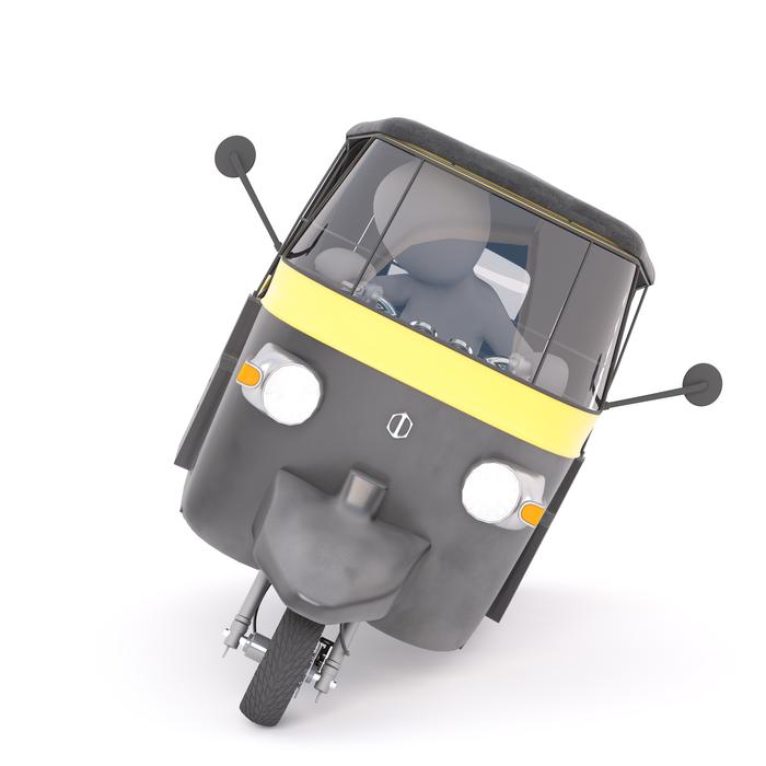 White figure in the cute, grey and yellow Tuk Tuk, at white background, on clipart