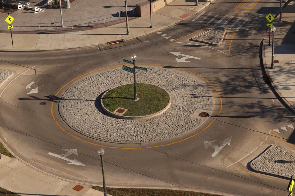 Landscape with the roundabout road, with the signs