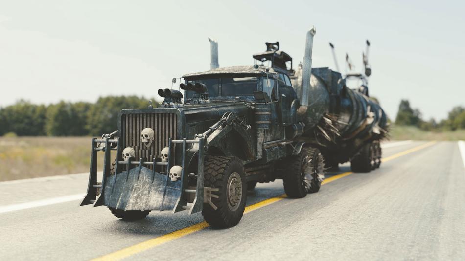 Dark Mad Max Fury car, on the road, among the colorful plants