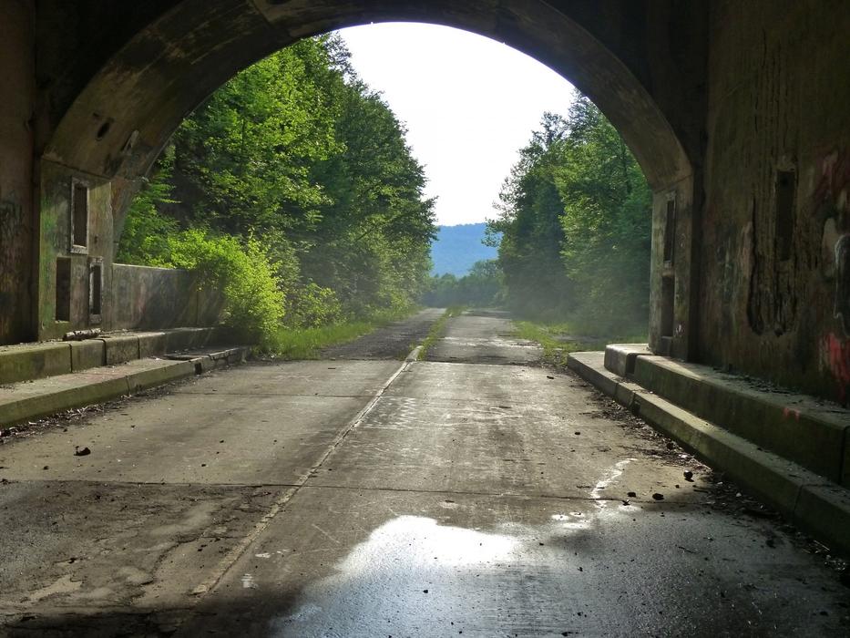 Beautiful, wet road in the tunnel, among the green trees in Pennsylvania, USA