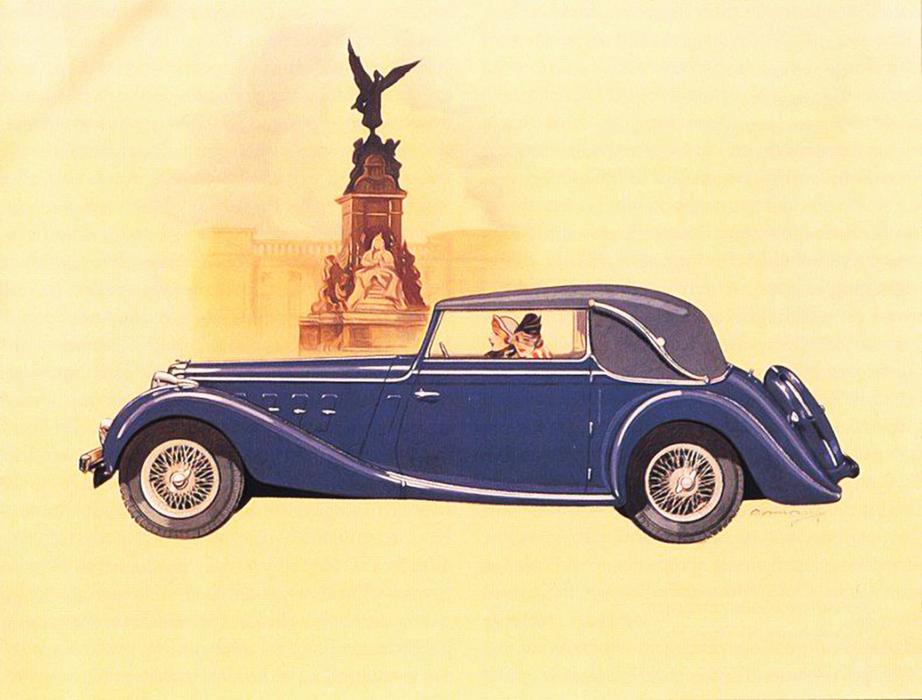 Women in the beautiful, blue, vintage car, near the statue, clipart