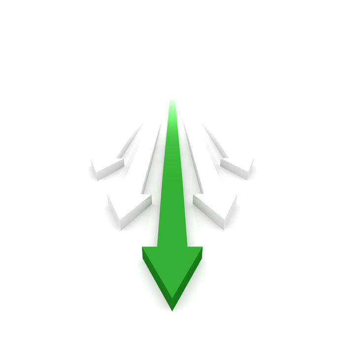 White and green arrows in one direction, at white background on clipart