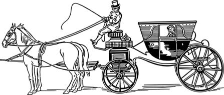 black and white sketch of a carriage with horses