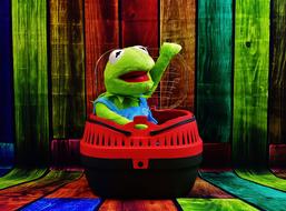 Kermit frog soft toy in Pet Transport Box