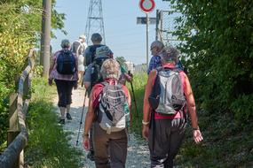 a group of tourists walking along the path