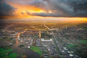 Aerial Netherlands city sunset