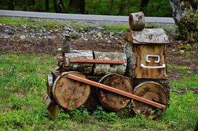 wooden sculpture in the form of a steam locomotive