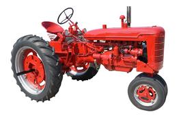 Model of the old, black and red tractor, at white background, clipart