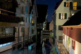 Beautiful landscape of the colorful houses with lights, in Ulm, Germany, at the night