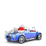 3d model of the white figure laying on the blue, shiny car, with the red and white Santa hat, at white background, clipart