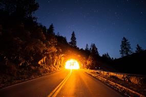 Landscape of the road with the tunnel with lights, in trees, under the beautiful night sky with stars