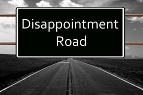 Black and white "Disappointment Road" traffic sign, above the road among the fields in black and white colors, clipart