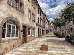 Beautiful street of Sarre-Union, France, with buildings with flags and plants