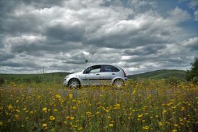 storm clouds over a silvery car in a summer meadow