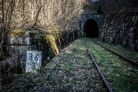 Beautiful landscape of the railway near the tunnel, among the colorful plants and sign