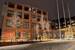 Beautiful and colorful street of VÃ¤rnamo, Sweden, with buildings and trees, in lights, at the night