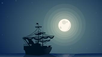 cartoon ship on sea at moonlight