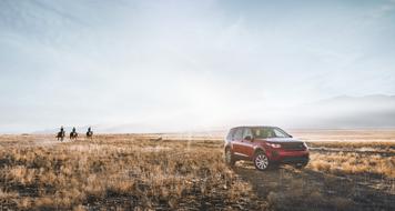 red car on the field near the horses