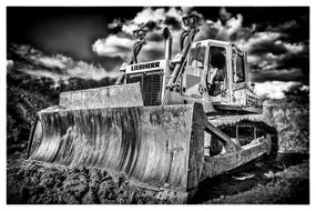 monochrome photo of Chain Caterpillar Excavators