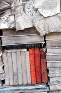 Close-up of the stacks of the colorful, old books