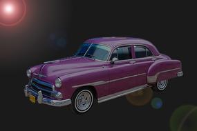 Model of the purple, vintage car, in colorful lights, clipart