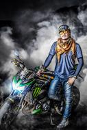 fog, a man stands by a motorcycle