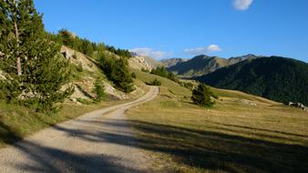 Beautiful landscape of the road, on the colorful and beautiful mountain with plants, in sunlight and shadows