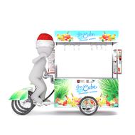 3d model of the grey figure in Santa Claus hat, with the colorful ice cream vendor with fruits, at white background, clipart