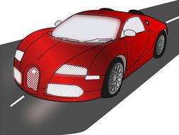 Red car driving on the road, at white background, clipart