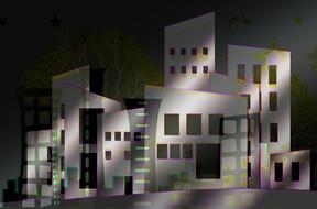 Colorful models of the buildings, in light and shadows, at dark background, clipart