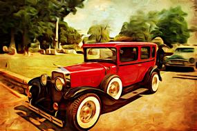 Retro painting of the beautiful, red vintage car near the other car, among the colorful plants, clipart