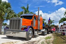 Colorful, shiny big rig semi truck on the sandy path, among the plants