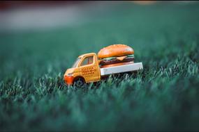 mini truck with hamburger on green grass in blurred background
